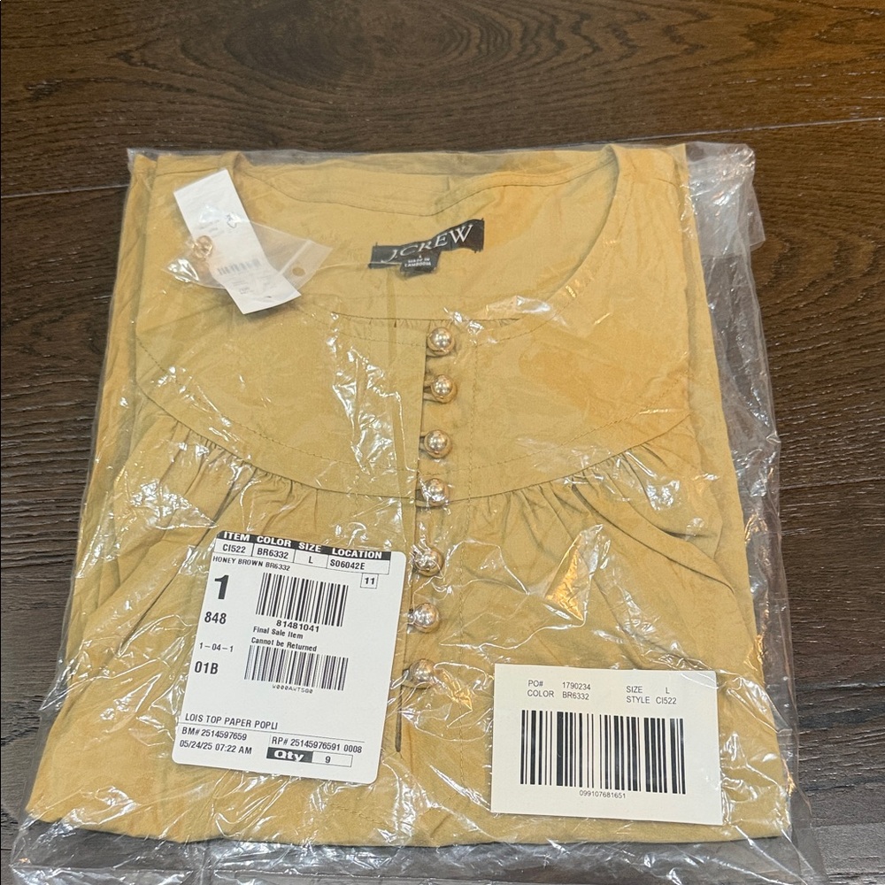 NEW - J.Crew Shirred Popover Top in Cotton Poplin Color Honey Brown - Large